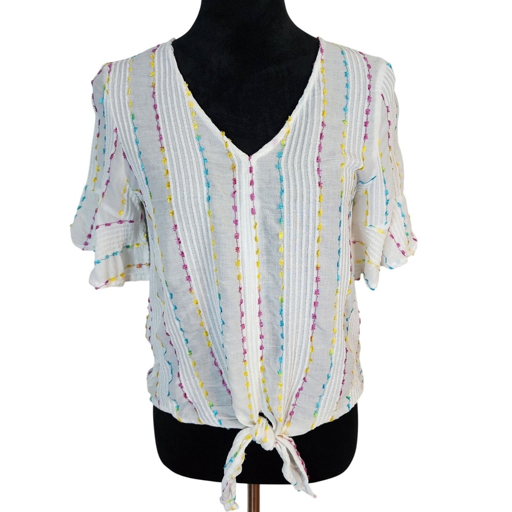 VERY J Size Small Cotton Blend Semi Sheer Flare Sleeve Tie Front V-neck Blouse